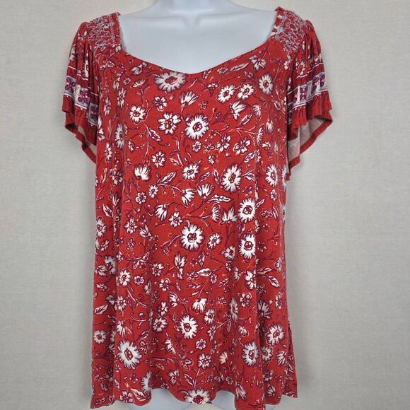 Maurices Red Floral Smocked Sleeve Top XL - Picture 2 of 9